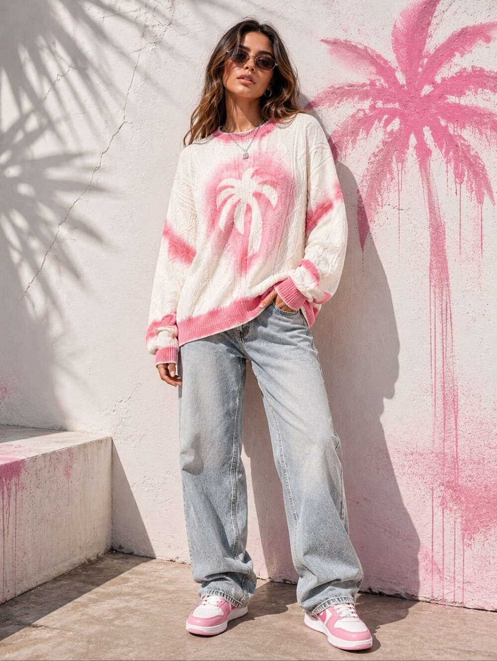 NWT PALM ANGELS Women's Sprayed Palm Fishermans Jumper Off White Pink MEDIUM